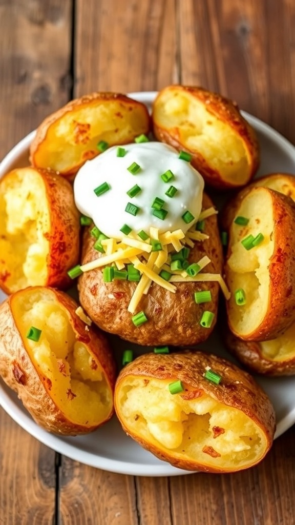 Crispy air fryer baked potatoes topped with sour cream, cheese, and chives on a rustic wooden table.